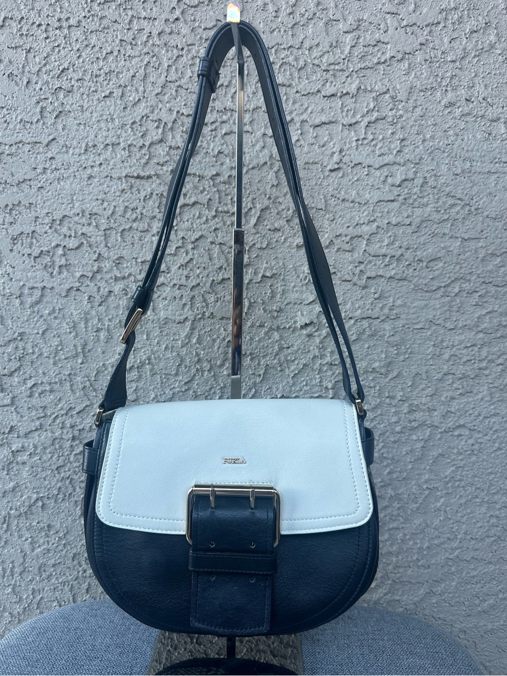 FURLA Two-Tone Black and White Leather Crossbody Saddle Bag